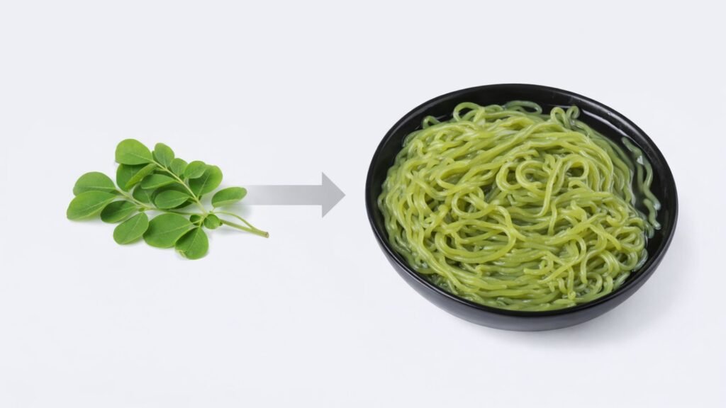 Fideos shirataki de moringa konjac elaborados con ingredientes de origen vegetal, alternativa saludable y funcional a la pasta baja en carbohidratos