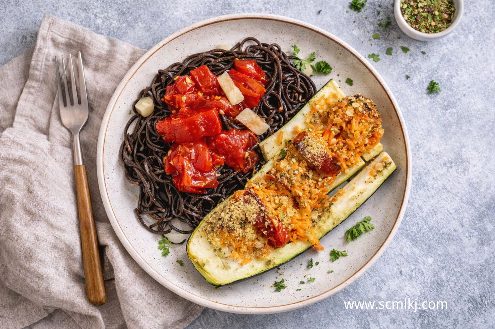 Black bean pasta with roasted zucchini and tomatoes