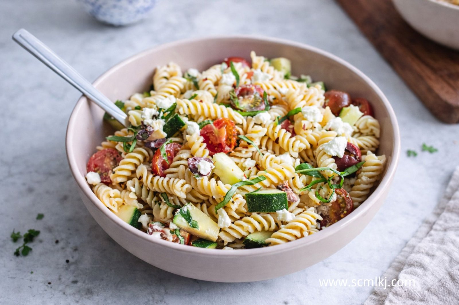 Chickpea pasta salad with cucumber and feta cheese