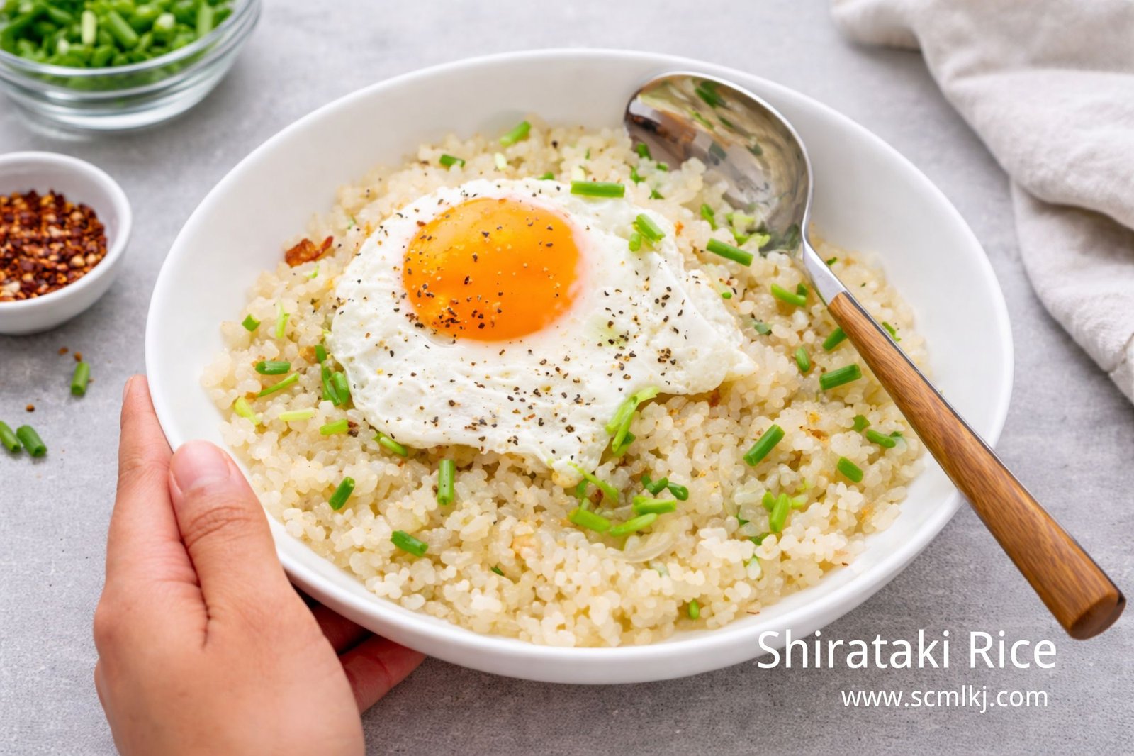 Shirataki rice in a bowl - zero carb rice alternative