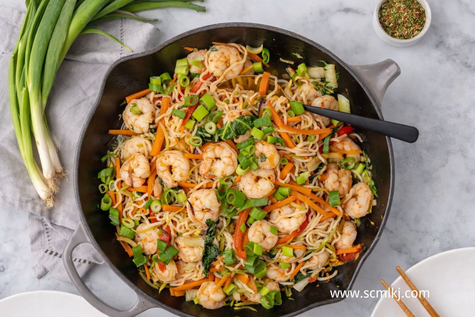 Shirataki noodle stir fry with vegetables and shrimp