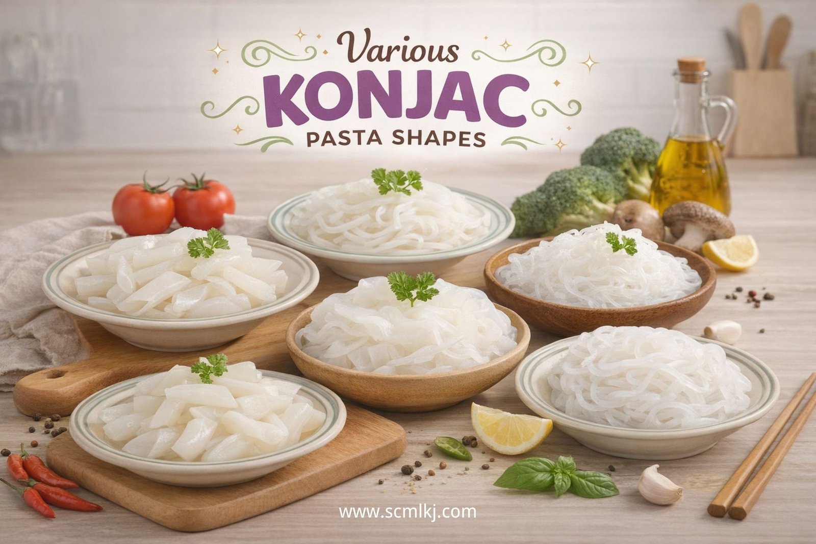 Various konjac pasta shapes - spaghetti, penne, fettuccine