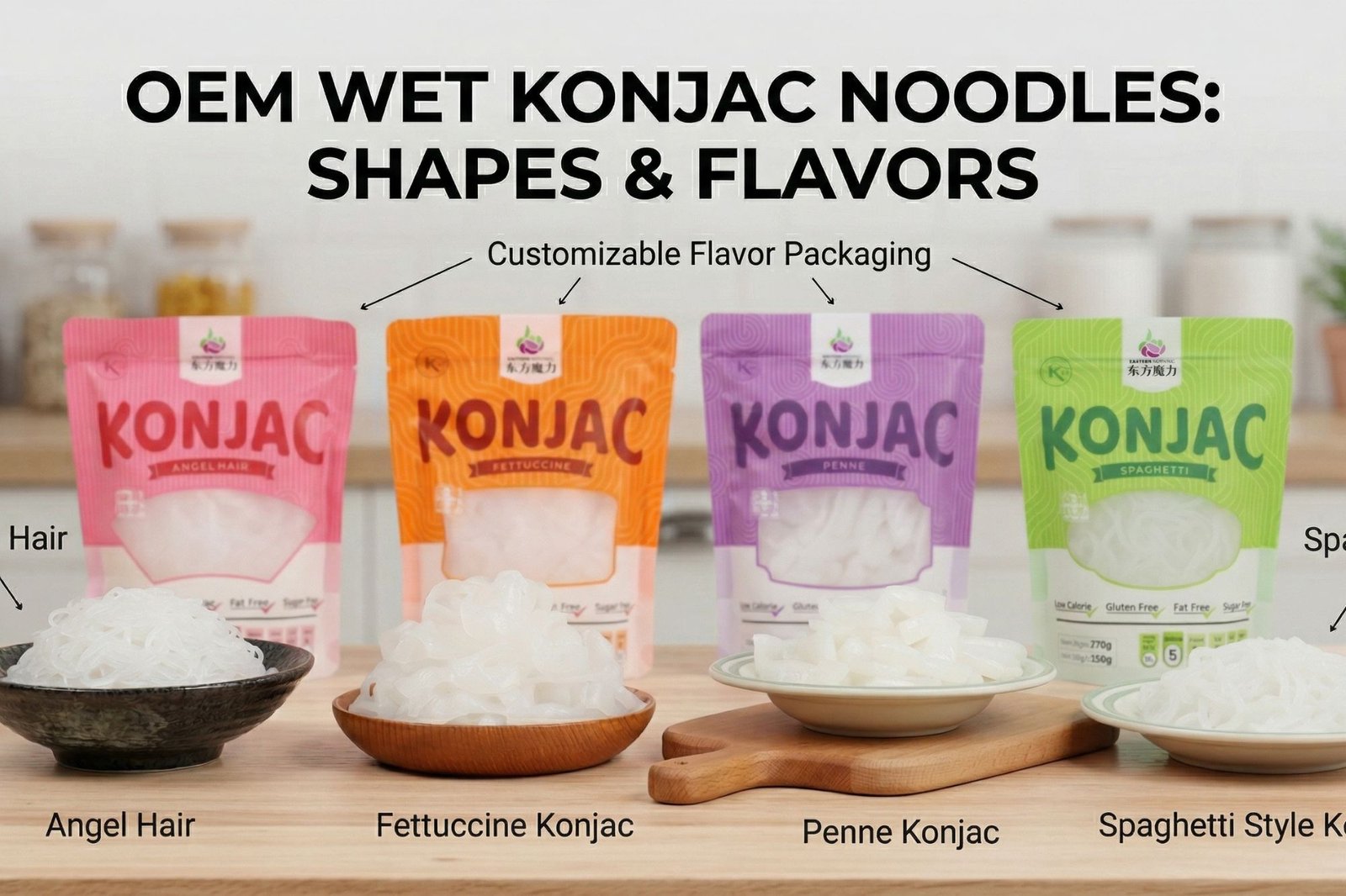 Individuelle feuchte Konjac-Nudeln - Optionen für Eigenmarken OEM nasse Konjaknudeln mit mehreren Geschmacks- und Formvarianten für die individuelle Gestaltung von Eigenmarken, einschließlich runder, flacher und bandförmiger Formen