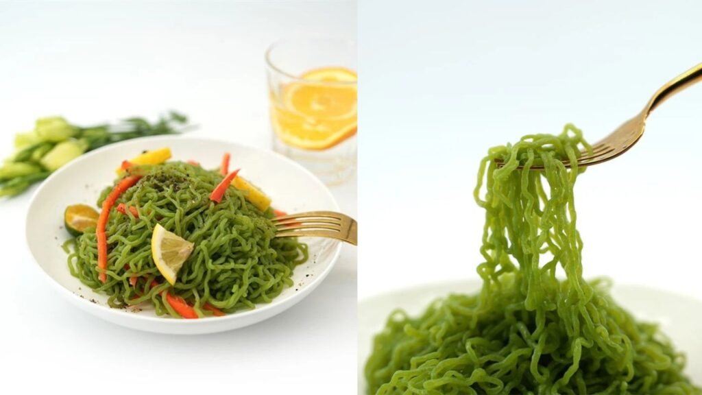 Cooked spinach konjac shirataki noodles served in a bowl, low-carb ready-to-eat healthy meal