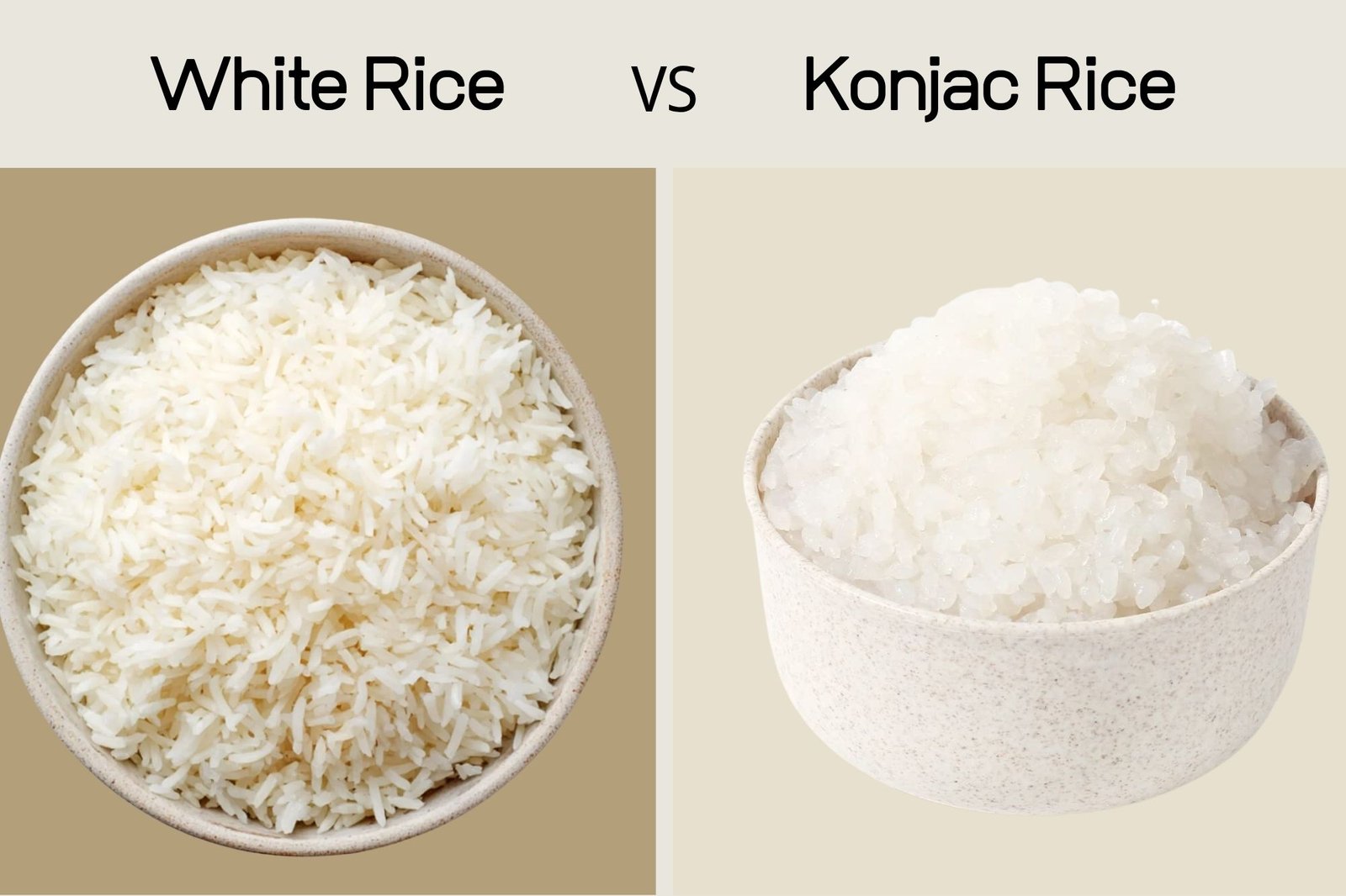 Low calorie konjac rice compared to traditional rice texture
