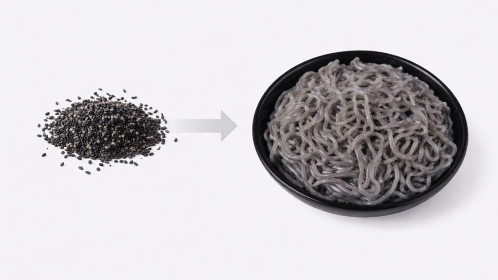 Nouilles shirataki au sésame noir et au konjac fabriquées à partir d'ingrédients d'origine végétale, alternative fonctionnelle aux pâtes à faible teneur en glucides