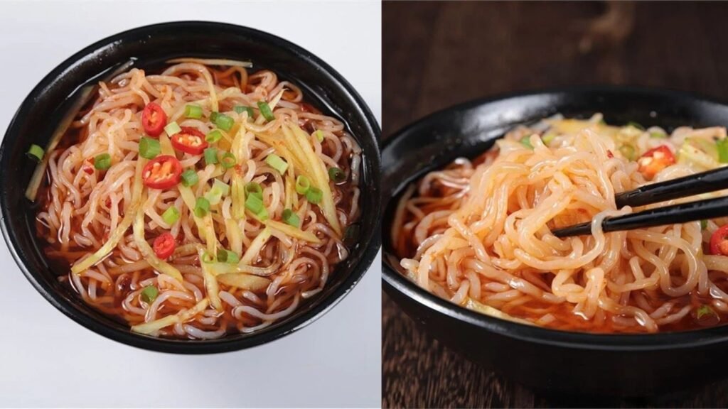 Cooked oat konjac shirataki noodles served in a bowl, high-fiber low-carb plant-based meal