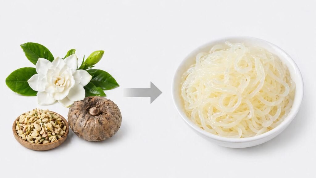 Mi Gardenia konjac shirataki yang terbuat dari bahan nabati, alternatif pasta rendah karbohidrat berwarna alami