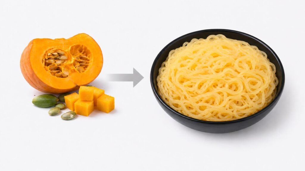Pumpkin konjac shirataki noodles made from plant-based ingredients, low-carb healthy pasta alternative