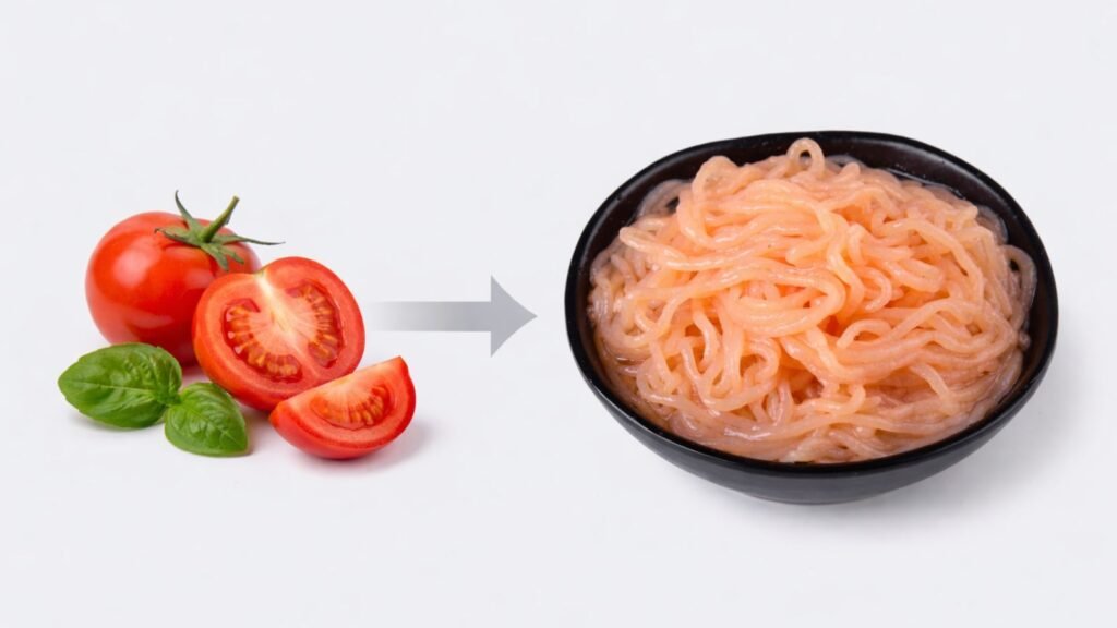 Tomato konjac shirataki noodles made from plant-based ingredients, low-carb healthy pasta alternative