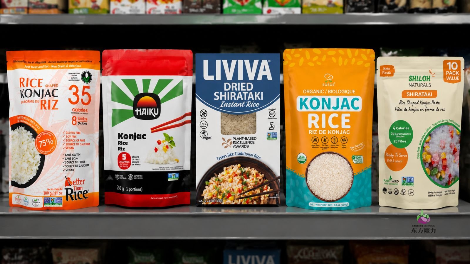 konjac rice brands on store shelf
