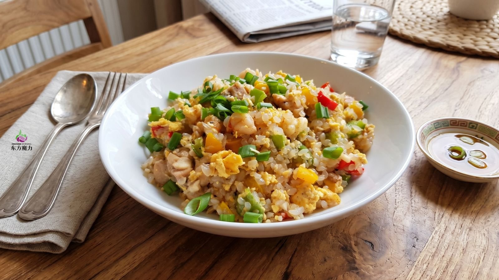 ข้าวผัดบุกกับไข่ ผัก และซอสถั่วเหลือง